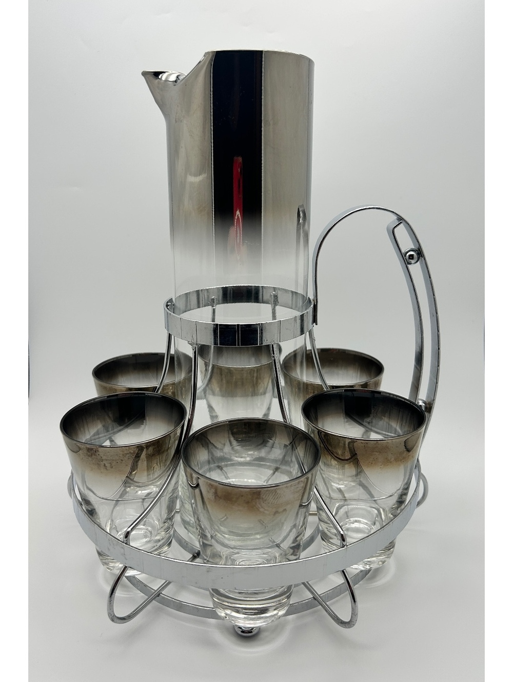 Vintage Silver Fade Martini Pitcher and 6 (six) Glass with Round Handled Caddy